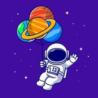 Cute Astronaut Floating With Planet balloons In Space  Cartoon Vector Icon Illustration. Technology Science Icon  Concept Isolated Premium Vector. Flat Cartoon Style