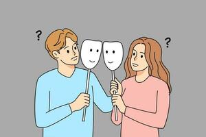 Couple with face masks involved in fake relationships. Man and woman hide feelings of real relations. Artificial emotions concept. Vector illustration.