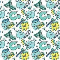 Children's dentistry. Funny characters, healthy teeth, toothpaste and dental floss, peppermint leaf. Seamless pattern. Vector. vector