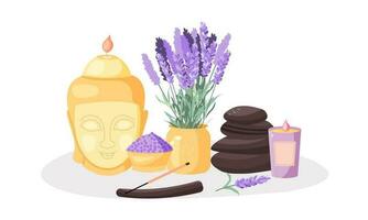 Composition with aromatherapy accessories with essential oils. Candle Buddha, salt, stones and lavender vector