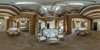 360 hdri panorama inside interior of large banquet hall in wooden eco homestead in full seamless equirectangular spherical  projection photo