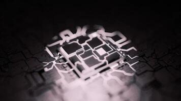 3d animation cube puce proche en haut. ordinateur circuit planche avec monochrome lignes video