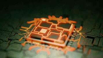 3d animación cubo chip cerca arriba. computadora circuito tablero con naranja líneas video