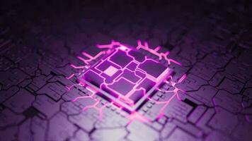 3d animation cube puce proche en haut. ordinateur circuit planche avec violet lignes video