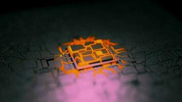 3d animation cube chip close up. Computer circuit board with orange lines video