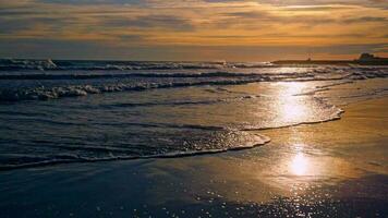 Waves on a sandy beach at sunset video