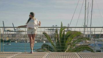 un hermosa niña soportes en contra el antecedentes de un mar puerto pequeño. video