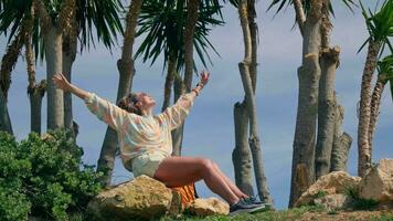 une femme séance sur une Roche entouré par paume des arbres video