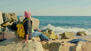 el niña se sienta en el rocas, el costa en el brillante Dom. video