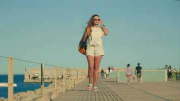 de meisje wandelingen langs de zee pier, beweegt naar haar. video