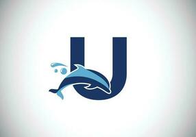 Initial alphabet with a Dolphin logo design. Water Animal icon. Font emblem. Modern vector logotype for business and company identity.