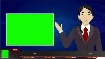 rupture nouvelles inférieur troisième vert écran afficher femme dessin animé journaliste parlant animation 4k video