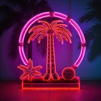 palm trees on the beach neon light frame for dj colorful poster background ai photo