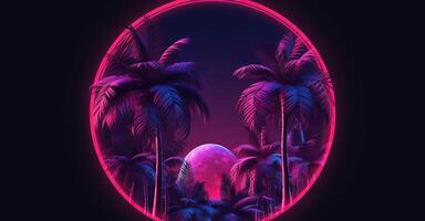 palm trees on the beach neon light frame for dj colorful poster background ai photo