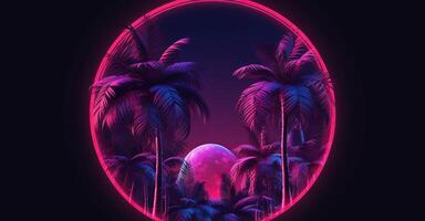 palm trees on the beach neon light frame for dj colorful poster background ai photo