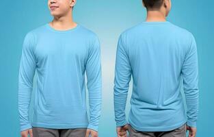 Man wearing a blue T-shirt with long sleeves. Front and back view. ai generated photo