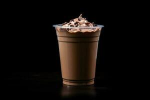 Chocolate milkshake in plastic takeaway cup isolated on black background. ai generated photo