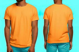 Photo realistic male orange t-shirts with copy space, front, and back view. ai generated