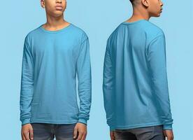 Man wearing a blue T-shirt with long sleeves. Front and back view. ai generated photo