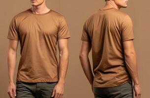 Photo realistic male beige t-shirts with copy space, front, and back view. ai generated