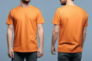 Photo realistic male orange t-shirts with copy space, front, and back view. ai generated