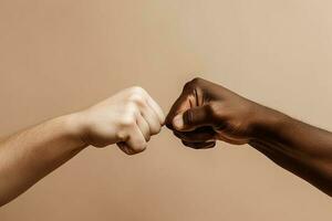 close up of a fist bump isolated on beige background, hands and teamwork, support or collaboration for team building, solidarity or unity, hand connection, partnership or greeting. ai generated photo