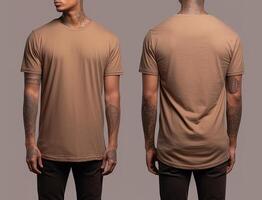 Photo realistic male beige t-shirts with copy space, front, and back view. ai generated