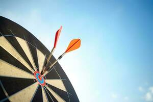 red darts arrows in the target center on blue sky background. Business target and success concept. ai generated photo