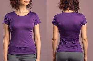 Photo realistic female purple t-shirts with copy space, front, and back view. ai generated