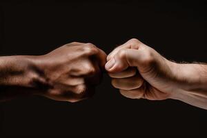 close up of a fist bump isolated on black background, hands and teamwork, support or collaboration for team building, solidarity or unity, hand connection, partnership or greeting. photo