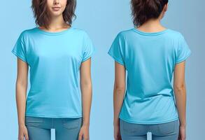 Photo realistic female blue t-shirts with copy space, front, and back view.