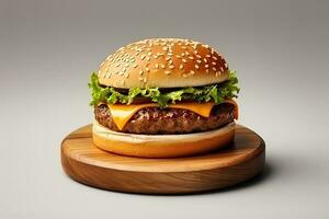 Fresco sabroso hamburguesa con queso en de madera tablero. ai generado foto