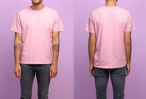 Photo realistic male pink t-shirts with copy space, front, and back view.