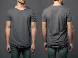 Photo realistic male grey t-shirts with copy space, front, and back view.