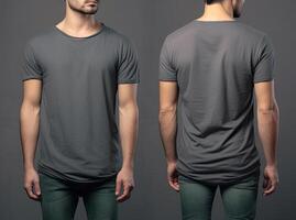 foto realista masculino gris camisetas con Copiar espacio, frente, y espalda vista. ai generado