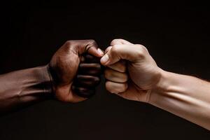 close up of a fist bump isolated on black background, hands and teamwork, support or collaboration for team building, solidarity or unity, hand connection, partnership or greeting. photo