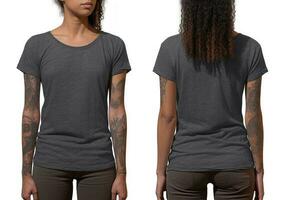 Photo realistic female grey t-shirts with copy space, front, and back view. ai generated