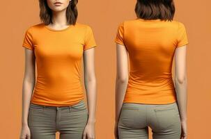 foto realista hembra naranja camisetas con Copiar espacio, frente, y espalda vista. ai generado