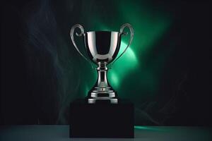 Silver glowing trophy cup on dark background. Concept of success and achievement photo