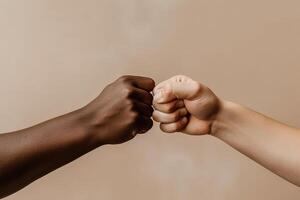 close up of a fist bump isolated on beige background, hands and teamwork, support or collaboration for team building, solidarity or unity, hand connection, partnership or greeting. photo