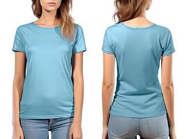 Photo realistic female blue t-shirts with copy space, front, and back view. ai generated