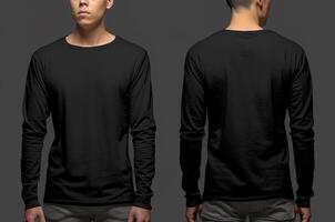 Man wearing a black T-shirt with long sleeves. Front and back view. ai generated photo