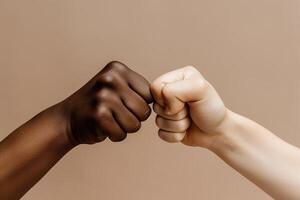 close up of a fist bump isolated on beige background, hands and teamwork, support or collaboration for team building, solidarity or unity, hand connection, partnership or greeting. photo