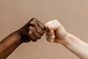 close up of a fist bump isolated on beige background, hands and teamwork, support or collaboration for team building, solidarity or unity, hand connection, partnership or greeting. ai generated photo