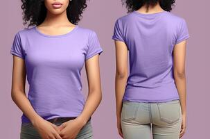 Photo realistic female purple t-shirts with copy space, front, and back view. ai generated