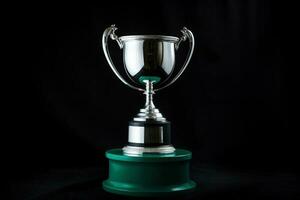 Silver glowing trophy cup on dark background. Concept of success and achievement photo