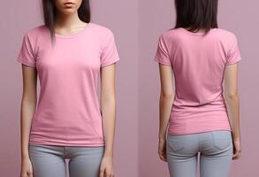 Photo realistic female pink t-shirts with copy space, front, and back view.