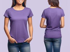 Photo realistic female purple t-shirts with copy space, front, and back view.