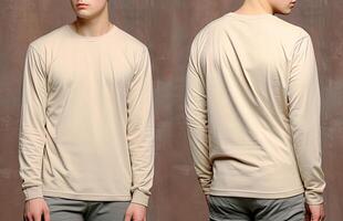 Man wearing a beige T-shirt with long sleeves. Front and back view. photo