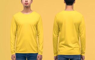 Man wearing a yellow T-shirt with long sleeves. Front and back view. photo